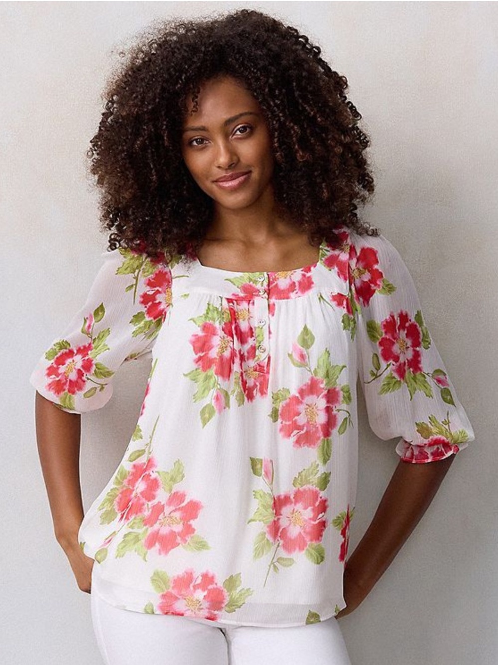 NWT LC Lauren Conrad white hibiscus kiss Henley puff sleeve peasant top small